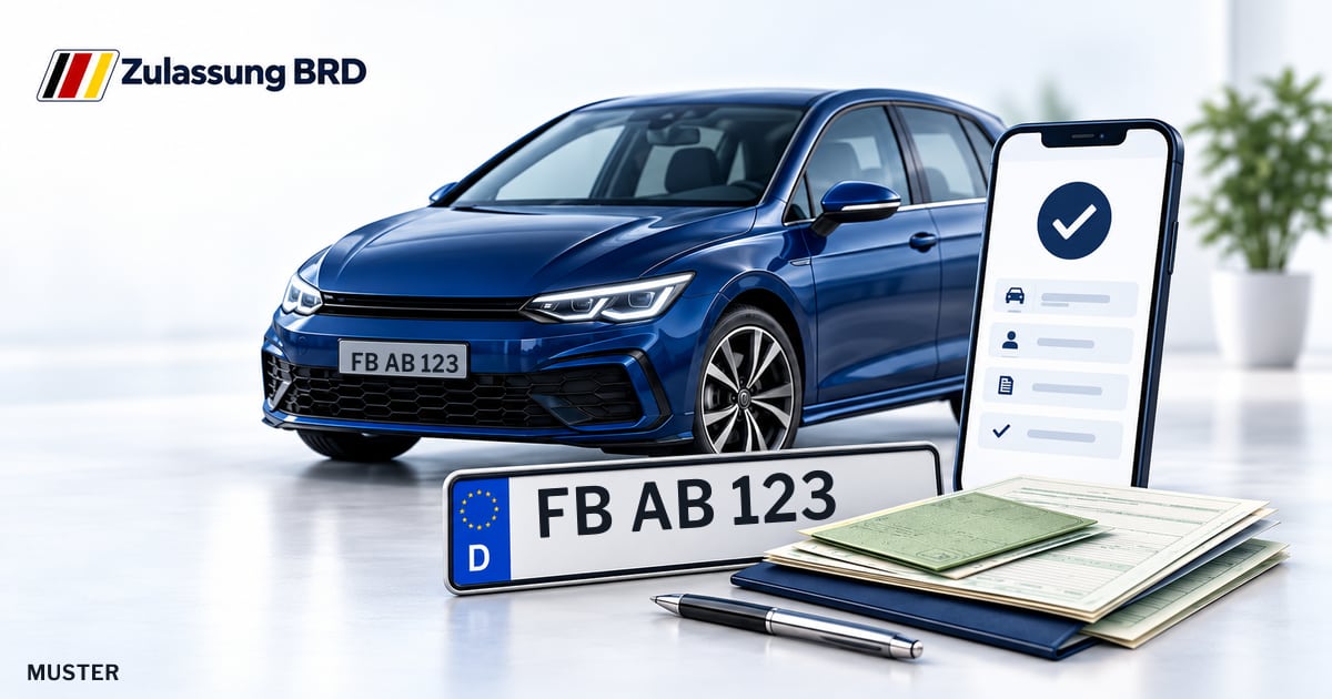 Online Fahrzeugzulassung in Friedberg: Musterkennzeichen FB AB 123, Auto und Fahrzeugpapiere und Smartphone. Illustration mit Logo von Zulassung BRD.